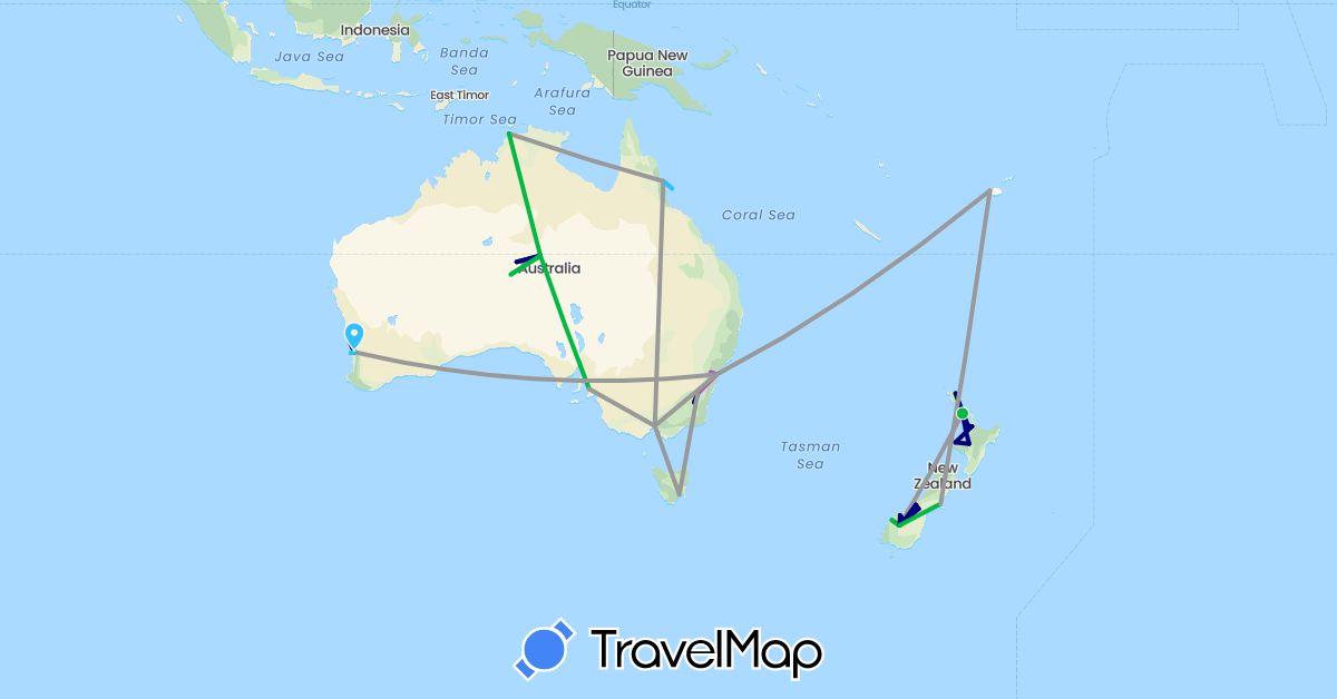TravelMap itinerary: driving, bus, plane, train, boat in Australia, Fiji, New Zealand (Oceania)